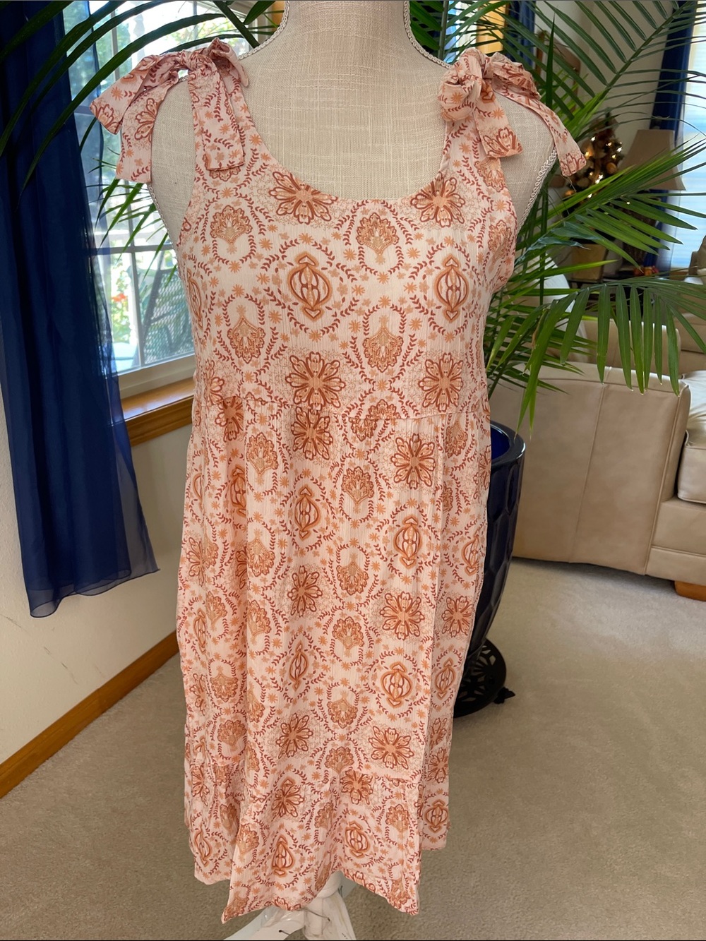 Pink Rose Peach Multi-Print Ties on Shoulder Dress